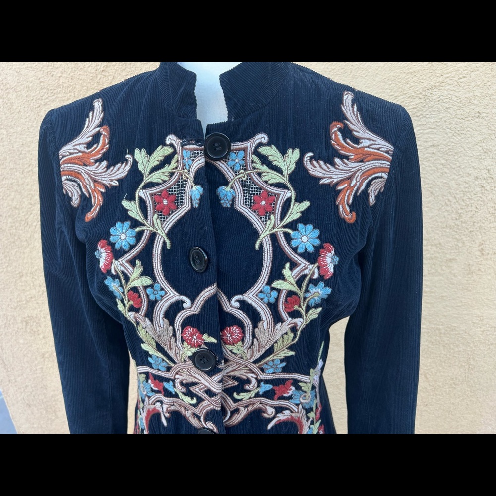 Johnny Was Corduroy Embroidered Navy Blue Long Coat  size S/M - Picture 6 of 12